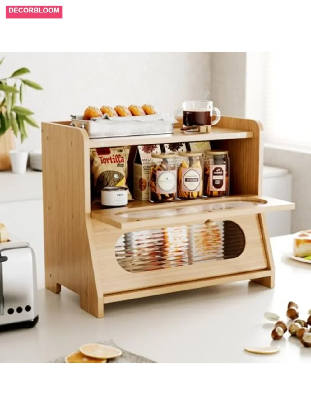 Extra Large 2-Tier Bamboo Bread Box with Magnetic Acrylic Door